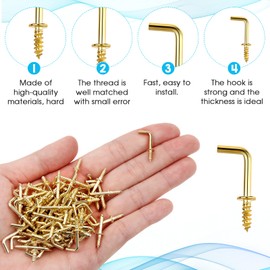 Jeffdad Pack of 150 Small Screw Hooks, L-Shaped Hook Screws, Right Angle Screws, Mini L-Shaped Screw in Hooks for Hanging, Hook Screws with Thread for Home, Workplace, Office (Gold)