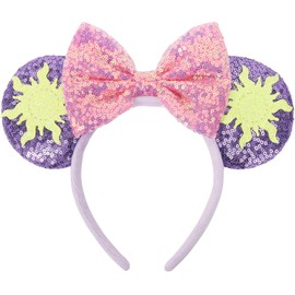 UNKJIN Mouse Ears Headband, Purple Ears Headband with Pink Bow, Sequin Princess Party Decoration Cosplay Costume for Women Girls (Purple Sun)
