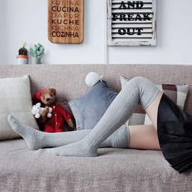 FGFD&OU Women's Overknee Socks Long Stockings Knitted Cotton Thick Warm Over Knee Socks Christmas Socks for Women and Girls, lightgrey