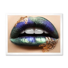 DesignQ Female Lips With Green Lipstick & Teeth Modern Framed Wall Art
