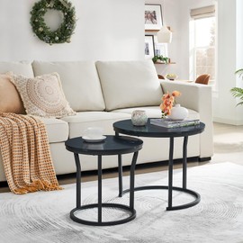 Hoctieon Nesting Coffee Tables, Round Nesting Tables Set of 2, End Tables, Stacking Nesting Tables for Living Room, Circle Coffee Tables, Side Tables Wooden Table Top, Black