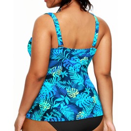 Yonique Women Plus Size Tankini Top Only Tummy Control Bathing Suit Top V Neck Swim Top No Bottom, Blue Leaves, 22 Plus