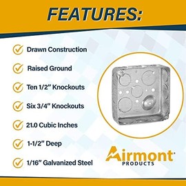 Outlet Box Kit, Includes 4x4'' Drawn Metal Electrical Box, 2 Tamper Resistant 20 Amp Duplex Receptacle Outlets, Duplex Receptacle 4x4'' Cover, Sixteen Knockouts (Single Duplex Receptacle)
