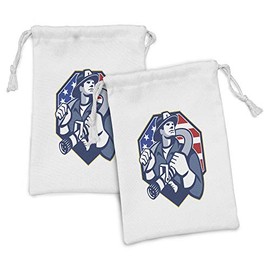 Lunarable Fireman Fabric Pouch Set of 2, Patriotic Design of an American Firefighter Emergency Public Servant, Small Drawstring Bag for Toiletries Masks and Favors, 9" x 6", Violet Blue Red Blue
