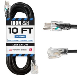 Iron Forge Cable 12 Gauge Outdoor Extension Cord 10 Ft, SJTOW 12/3 Heavy Duty Extension Cord 3 Prong, Oil Resistant & Flame Retardant - Lighted End