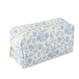 Makeup Bag Quilted,Cotton Cosmetic Pouch,Large Make Up Bag for Women,Cute Flower Travel Toiletry Bag Organizer Portable for Purse,Floral Blue
