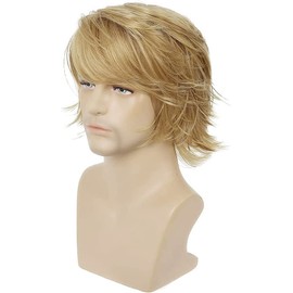 Mens Blonde Wig Short Fluffy Layered Blonde Wig Natural Synthetic Halloween Cosplay Hair Wig for Male