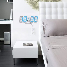 Petilleur 3D Digital Alarm Clock,Wall LED Number Time Clock with 3 Auto Adjust Brightness Levels,Led Electronic Clock with Snooze Function,Modern Night Light Clock Date,Temperature Display (Blue)