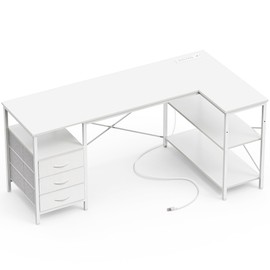 Huuger L Shaped Desk with Power Outlets, Computer Desk with 3 Drawers, 55 Inch Office Desk with Shelves, Gaming Desk, Corner Desk Work Desk for Home Office, Study, White