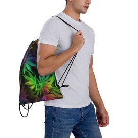 Richugui Colourful Leaf Drawstring Backpack Weeds Drawstring Bags Sports Gym String Bag for Women Men Backpacks Training Yoga Bags, black