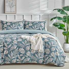 Lekesky Duvet Cover Queen Size, Reversible Teal Blue Floral Comforter Cover Set Queen Size 3pc, Soft 100% Washed Microfiber Breathable Bedding Sets with Zipper Ties and 2 Pillowcases