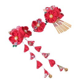 PACKOVE Japanese Style Floral Hair Clips Set 3pcs Red Fabric Barrette Hair Accessories for Women Handcrafted Flower Design Tassel for Everyday Use