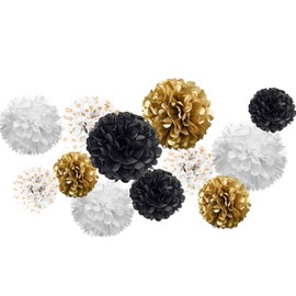 AIM & GGKK Paper Pom Poms Black and White Gold Dot Tissue Hanging Paper Pom Poms,Flower Ball New Year Birthday Party Decoration(12pcs,8"&10"&12")