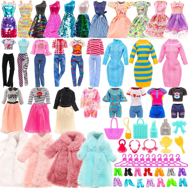 45 Doll Clothes & Accessories 1 Fur Coat 1 Sweater