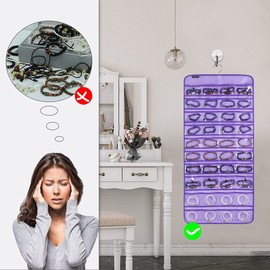 ANZORG Dual-sided Hanging Jewelry Organizer with 40 Pockets and 20 Hook Loops Necklace Holder Jewelries Organizer for Earrings Bracelets Rings with 360 Degree Rotating Hanger (40 Pockets and 20 Hook Loops-Purple)