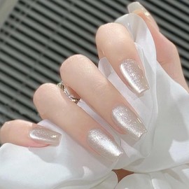 White Cat Eye Press on Nails Medium Square Fake Nails Glitter False Nails with Designs Shiny Glue on Nail Full Cover Acrylic Nails Glossy Artificial Stick on Nail for Women Manicure 24Pcs