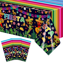3-Piece 54 x 108 Inch Cinco De Mayo Fiesta Plastic Tablecloth - Colorful Stripe Mexican Party Design Disposable Rectangle Table Cover with Cactus Sombrero for Taco Parties Indoor Outdoor Decorations