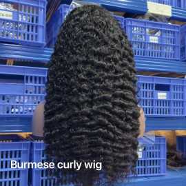 Raw Indian Kinky Straight 100% Human Hair Wig Burmese Curly Glueless HD Lace Front Natural Color 13x4 13x6 Pre Pluckedstyle: Burmese curly wig, color: 5x5 HD closure wig 180% density, Stretched Length: 10 inches