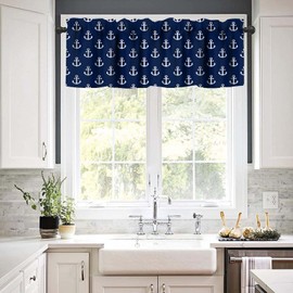 JADERYS Anchor Valance Curtains Vintage Rustic Ocean Nautical Style Navy Blue White Rod Pocket Curtain Valance for Kitchen Bedroom Living Room Decor 1 Panel W54xL18 Inch