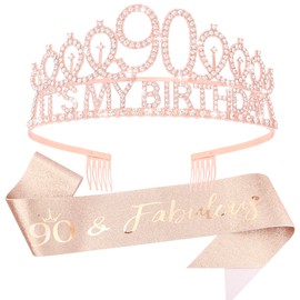 Vovii 90th Birthday Sash and Tiara, Rose Gold Tiara, 90th Birthday Gifts for Women, 90th Birthday Decorations for Women, Happy 90th Birthday Decorations