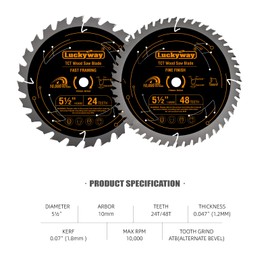 Luckyway 5 1/2 Inch Circular Saw Blade (10mm Arbor), with Tungsten Carbide Tip Teeth 24T Framing & 48T Fine Finish for Cutting Wood Plywood MDF Plastic Veneer Lumber Laminate