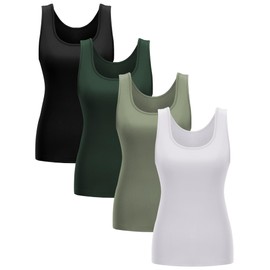Fourluoo 4 Pcs Women Summer Basic Tank Tops Sleeveless Undershirt Tank Tops for Lady Girls(Black, Dark Green, Light Green, White,Large)