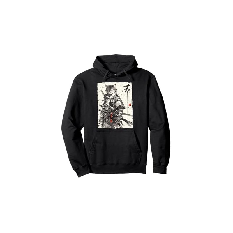 Samurai Cat Warrior Ukiyo Ink Artwork Cat Samurai Pullover Hoodie