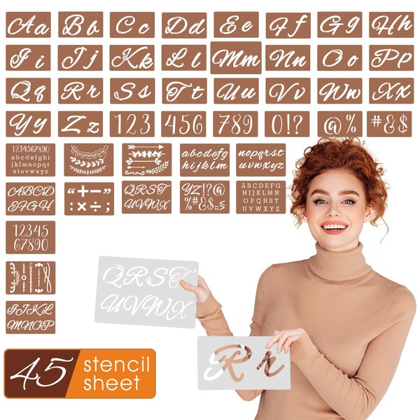Calligraphy Stencils, 45 PCS Reusable Cursive Letter Stencils Kit with 3 Alphabet Sets in Different Size and Numbers, Symbols, Decorative Wreath for Creating Personalized Signs and Other DIY Projects