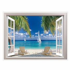 Beach Wall Art Pictures White Fake Window Style Sunset Painting Seascape Artwork Ocean Birds Theme Prints on Canvas for Living Room Bedroom Bathroom Home Office Decor 11x14in Unframed