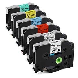 Labelife Compatible Label Tape Replacement for Brother P Touch TZe TZ Tape 12mm 0.47 Inch Laminated Label Maker Tape for Ptouch PT D210 H110 D600 D400 1230PC, White/Clear/Red/Blue/Yellow/Green, 6-Pack