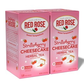 Red Rose Sweet Temptations Dessert Tea Strawberry Cheesecake, Zero Carbs, Zero Sugar Bursting with Flavor Caffeine-Free Delicious Beverage Herbal Tea, 18 Count Pack of 2 Fruit Naturally Flavored Herbal Tea