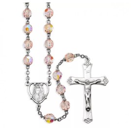 HMH Religious Tin Cut Czech Rose Aurora Crystal Rosary, Sterling Center/Crucifi