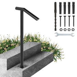 Happybuy Single Post 1-2, Black Steel Railing 330LBS Capacity Baking Varnish Metal Stairs Stylish Handrails for Outdoor Steps with Expansion Bolts & Drill Bit, Matte