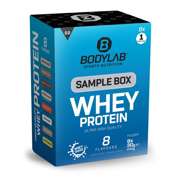Bodylab24 Sample Box Whey Protein 2 (8 x 30 g), 80% Protein Content, Rich in BCAAs, 8 Flavours to Try with 1 Portion, Perfectly Soluble, Ideal for Use After Training