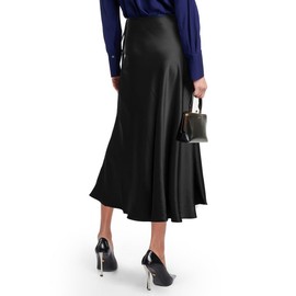 WISFRUIT Women's Satin Midi Skirts Silk A Line Flowy Ruffle Zipper Elegant Flared Cocktail Party Maxi Long Skirt Black Medium