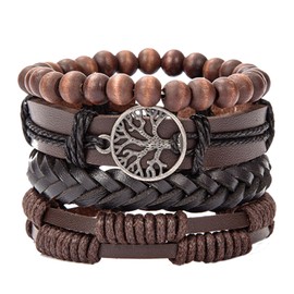 HAORQEE Men's Bracelets Leather Bracelet, Tree of Life Beads Mens Leather Wristbands Bracelets, Multi-layer Vintage Braided Rope Adjustable Viking Wrist Bracelets Set Gifts for Men(Brown)