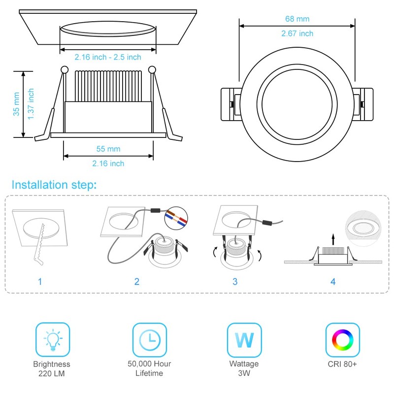 2 Inch LED Downlight, 3W Recessed Lighting Dimmable Ceiling Light