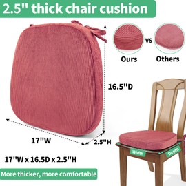 Glyzia 2.5" Thick Chair Cushions for Dining Chair, Corduroy Foam Kitchen Chair Pads, U Shaped Indoor Seat Cushions with Ties & Non-Slip Backing, Removable Washable Cover, 17''x16.5'', Set of 4, Pink