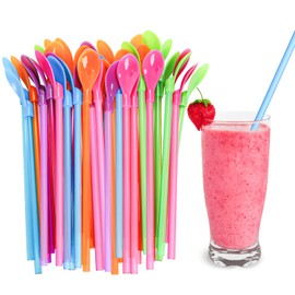 Bekith 100 Pcs Snow Cone Spoon Straw, 9 Inch Hard Plastic Detachable Straw, Reusable Long Milkshake Straws for Drinking Snow Cone Ice Cream Coffee, Kitchen Utensil Stirring Spoon, Assorted Colors