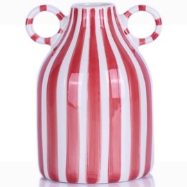 Red and White Ceramic Vase with Handle, Nordic Boho Small Vases Side Table Flower Centerpiece, Wide Mouth Single Flower Vase Pampas Grass Decorative - for Home Window Sill Living Dining Room Kitchen