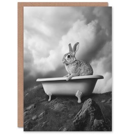 Artery8 Greeting Card Surreal Bunny Rabbit Hare in Bathtub Black White Blank For Him Or Her Art Birthday Card