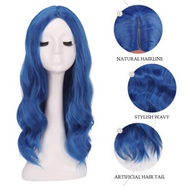 FESHFEN Long Blue Wigs for Women, 22 inch Middle Parting Synthetic Wavy Wig for Daily Party