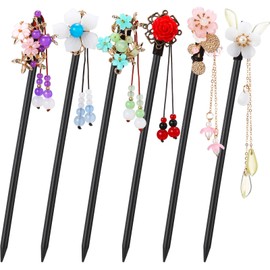 WILLBOND 6 Pcs Chinese Hair Chopsticks for Women Wooden Hair Accessories Japanese Floral Sticks Retro Tassel Flower Vintage Hairpins Handmade for Women Long Curly(Classic Style)