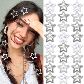 NAISKA 24Pcs Silver White Star Snap Hair Barrettes No Slip Hair Clips Women Star Y2k Hair Accessories for Girls