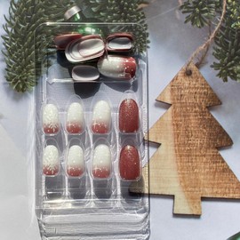 Christmas Press on Nails Almond Date Red Fake Nails White Snowflake False Nails with Gradient Glitter Design Stick on Nails Medium Acrylic Nails Winter Glue on Nails for Women Girls 24 Pcs