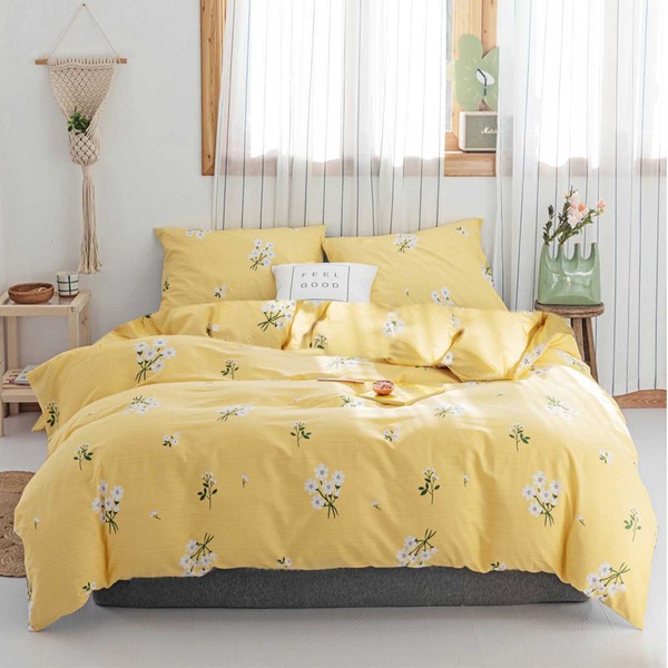 HighBuy Girls Twin Floral Bedding Sets Twin Yellow 3 Pieces Cotton Flowers Duvet Cover Set with 2 Pillow Shams,Cute Comforter Cover Twin for Teens Adult,Floral Bedding Twin