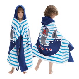 BANGSAUR Kids Hooded Beach Bath Towels, 100% Cotton 50"x30" Wrap Blanket, Toddlers Boys 3-12 Years Coverup Towel Pirate Ship