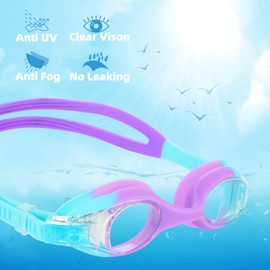 Lychico Kids Swimming Goggles (2 Pack Kids Goggles Anti-Fog UV Resist Leak Proof Swimming Goggles for Kids Boys Girls (Rainbown/LakeBlue&Purple)