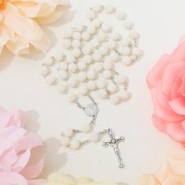 Aoxmas Simulated Pearl Rosary Necklace with Crucifix Pendant, Long Beaded Chain with Silver Plated Metal Cross Pendant for Women