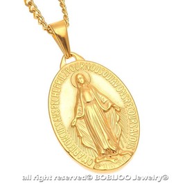 BOBIJOO JEWELRY - Large Pendant 4 cm Man Locket with the Miraculous Madonna Maria Steel Galvanised Gold + Chain, Stainless steel, steel, No Gemstone